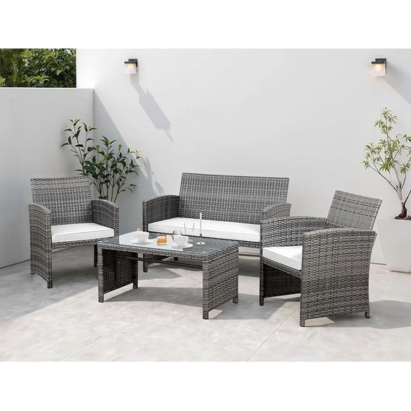 Piece Patio Ratten Set Outdoor Furniture Set Wicker Conversation Set with Cushions and Tempered Glass Tabletop