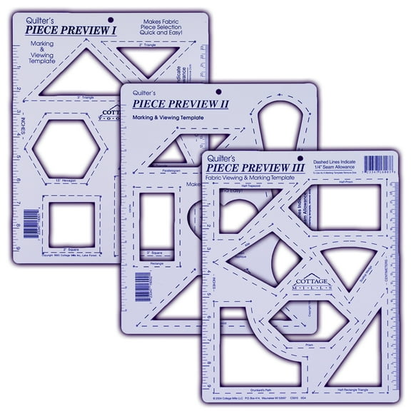 Piece Preview I, II & III 3 pc Set Fabric Viewing and Marking Template. Great Tool for Selecting Fabrics and Determining Designs for Quilting.