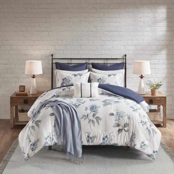 Piece Seersucker Bedding Set with Hypoallergenic Comforter Throw Blue Queen