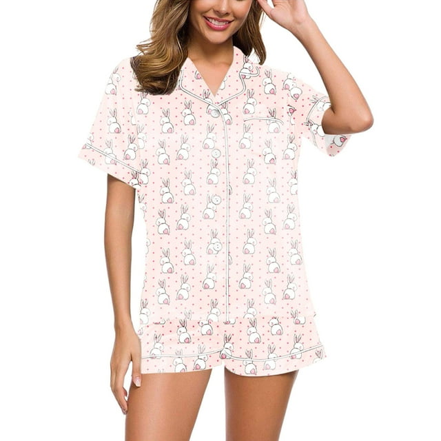 Piece Women's Pajamas Floral Print Short Sleeve Button Down Shirt And 