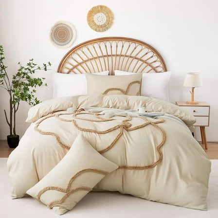 3 Pieces Duvet Covers Set, Boho Tufted Comforter Sets with Zipper Closur, Soft Breathable Floral Bedding Set for All Seasons(Beige,King, 104"x90")