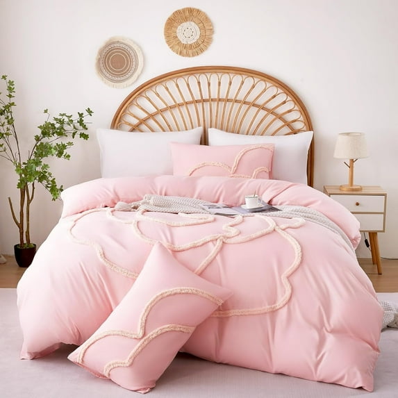 3 Pieces Duvet Covers Set, Boho Tufted Comforter Sets with Zipper Closur, Soft Breathable Floral Bedding Set for All Seasons(pink,King, 104"x90")