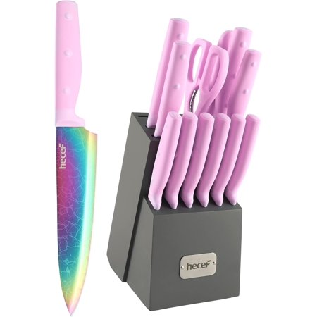 Pieces Knife Set with Block, Rainbow Titanium Knives Set with Laser Pattern, Martensitic Stainless Steel Chef Knife Set with Sharpener, Steak Knife, Scissors, Mothers Day Gift