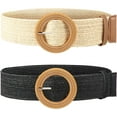 thumbnail image 1 of Pieces Women Straw Woven Elastic Stretch Waist Belt Skinny Dress Braided Waist Belt with Wooden Style Buckle, 1 of 5