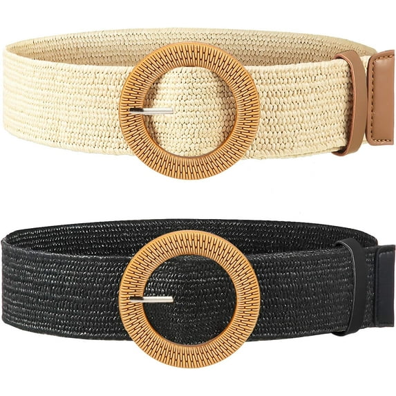 Pieces Women Straw Woven Elastic Stretch Waist Belt Skinny Dress Braided Waist Belt with Wooden Style Buckle