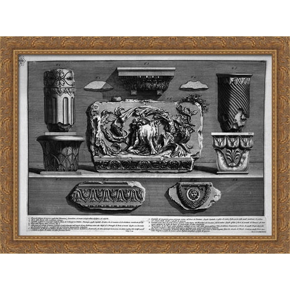 Pieces of columns, capitals, fragments of marble friezes and ornaments 38x28 Large Gold Ornate Wood Framed Canvas Art by Giovanni Battista Piranesi