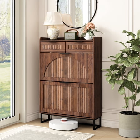 Piedle Narrow Shoe Cabinet for Entryway - Freestanding 2 Flip Drawers & 2 Storage Shelves Shoe Storage Organizer for Hallway Foyer