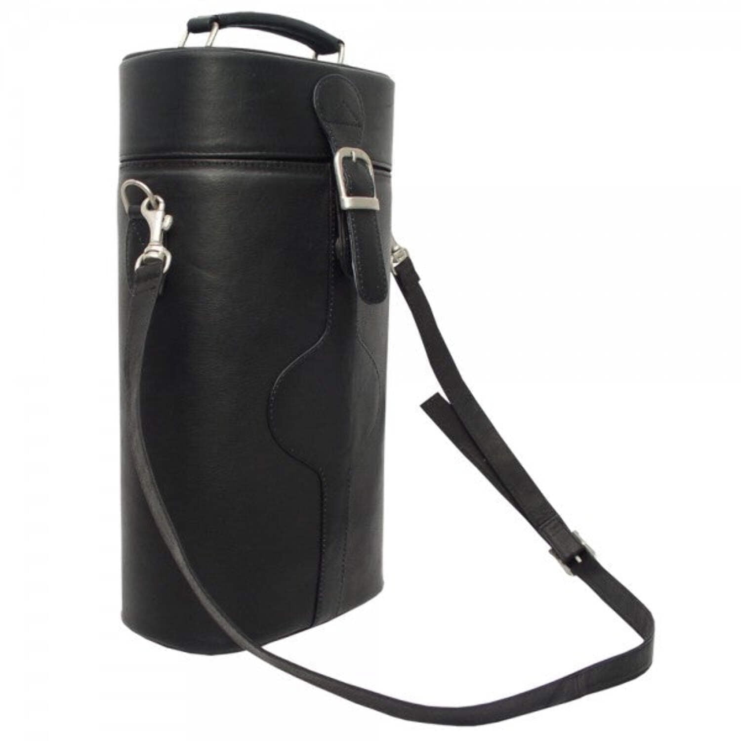 Black Full-Grain Leather Double Wine Carrier with Adjustable Strap