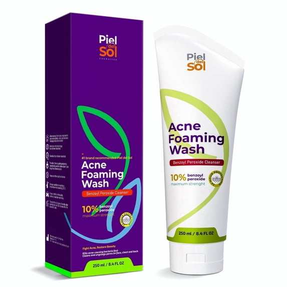 Piel del Sol Acne Foaming Wash Cleanser Benzoyl Peroxide Acne Treatment Fragrance-Free, 8.4 Fl Oz (Pack of 1)