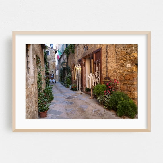 Pienza Charming Narrow Street - Tuscany - Pienza Tuscany Italy Photography Street Photography Vintage Architecture Rustic Cityscape Scenic Travel Poster Oak Framed Wall Art Print 5 x 7 inches