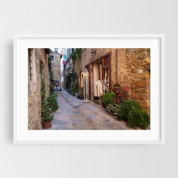 Pienza Charming Narrow Street - Tuscany - Pienza Tuscany Italy Photography White Framed Wall Art Print 24 x 36 inches