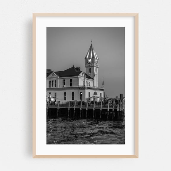 Pier A Harbor House 02 B&W - Manhattan New York Photography Black and White Architecture Harbor City Nightlife Oak Framed Wall Art Print 5 x 7 inches