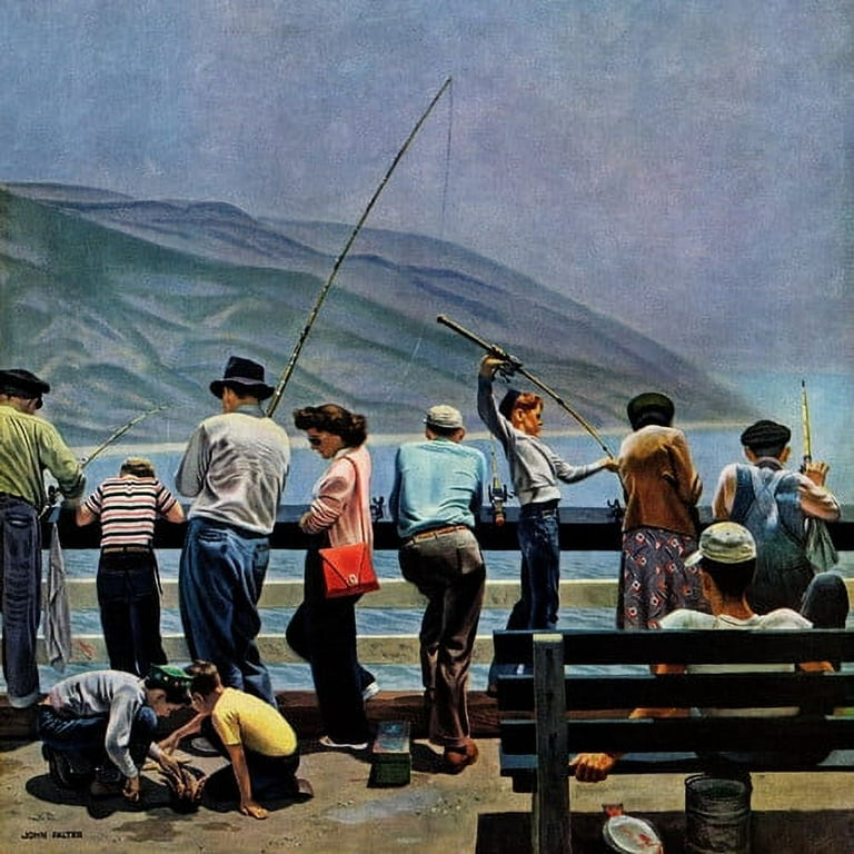 Pier Fishing Painting Print on Wrapped Canvas 