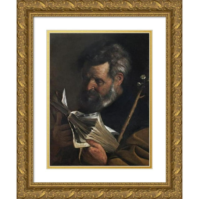 Pier Francesco Mola 14x18 Gold Ornate Wood Frame and Double Matted Museum Art Print Titled - Saint Joseph Reading a Book and Holding a Flowering Staff