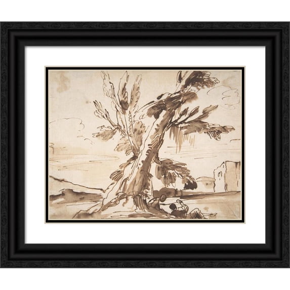Pier Francesco Mola 24x20 Black Ornate Framed Double Matted Museum Art Print Titled: Landscape with Two Men Under a Tree. (1612-66)