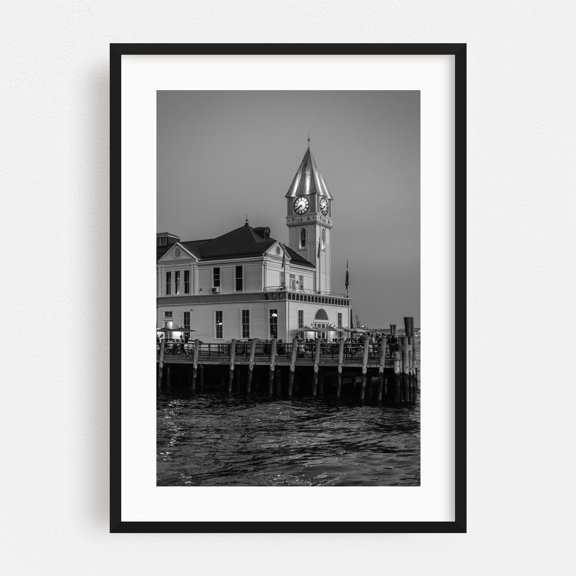 Pier A Harbor House 02 B&W - Manhattan New York Photography Black and White Architecture Harbor City Nightlife Black Framed Wall Art Print 5 x 7 inches
