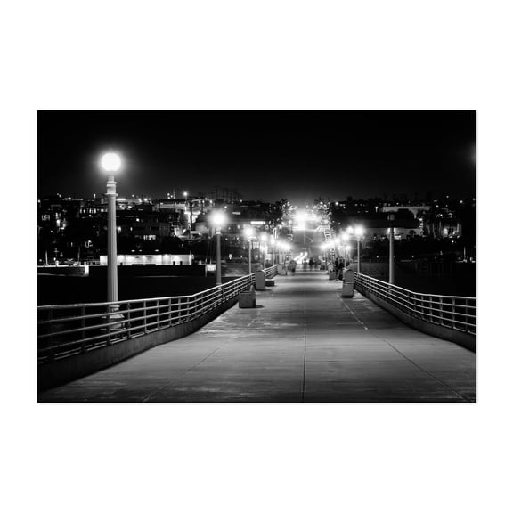 The Pier & Manhattan Beach Boulevard B&W - Los Angeles California Photography Black and White Nightlife Cityscape Boardwalk Street Photography Bridge Unframed Wall Art Print 20 x 28 inches