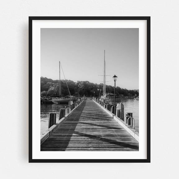 Pier on Northport Harbor B&W - Northport New York Photography Black and White Boardwalk Harbor Sailboat Nautical Seaside Water Black Framed Wall Art Print 6 x 8 inches