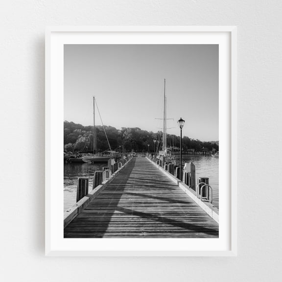 Pier on Northport Harbor B&W - Northport New York Photography Black and White Boardwalk Harbor Sailboat Nautical Seaside Water White Framed Wall Art Print 6 x 8 inches