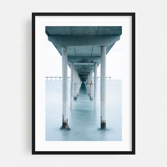 Under the Pier, OB - San Diego California Photography Bridge Ocean Minimalist Coastal Architecture Waterfall Abstract Black Framed Wall Art Print 5 x 7 inches