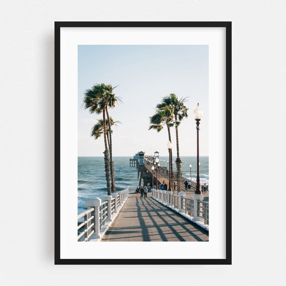 Pier Ramp, Oceanside - Oceanside California Photography Coastal Palm Tree Beach Ocean Landscape Black Framed Wall Art Print 18 x 24 inches