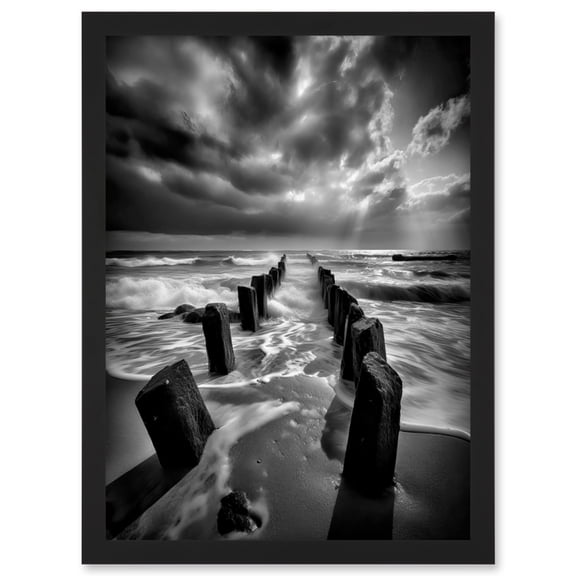 Pier Ruins Black and White Dramatic Coastal Photo Artwork Framed Wall Art Print A4