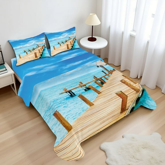 Ambesonne Pier Fitted & Top Sheet Set with Shams, Tropic Seascape Wooden Jetty, Pale Sky Blue Sand Brown