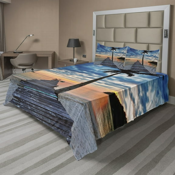 Ambesonne Pier Fitted & Top Sheet Set with Shams, Rustic Jetty on Calm Water, Multicolor