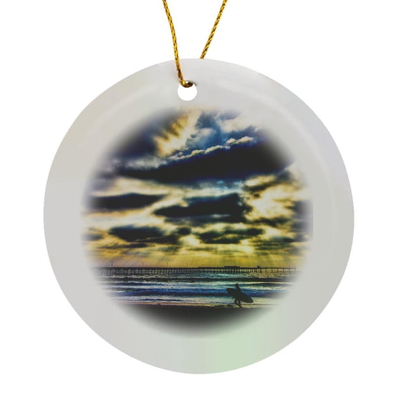 3drose, Pier Sunset Beach Sand Sea Surfer, Circle Porcelain Ornament