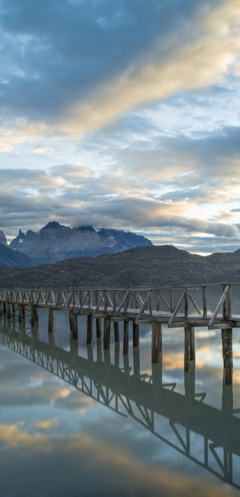 Pier at Grey Lake in early morning Torres Del Paine National Park Chile Canvas Art - Panoramic Images (27 x 9)