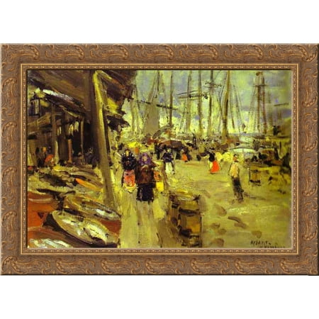 Pier in Arkhangelsk 24x18 Gold Ornate Wood Framed Canvas Art by Konstantin Korovin