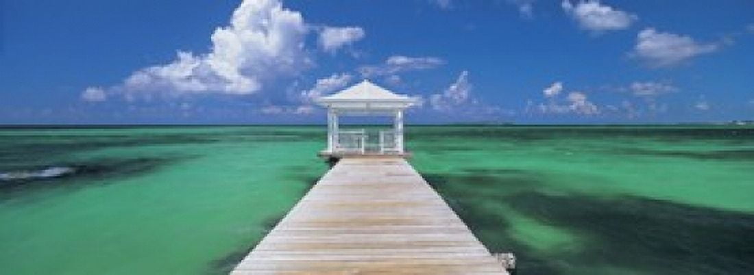 Pier in the sea Bahamas Canvas Art - Panoramic Images (18 x 7)