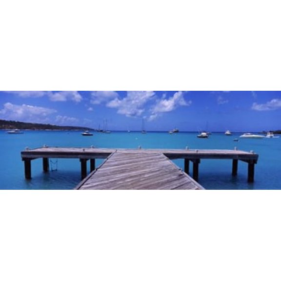 Pier with boats in the background, Sandy Ground, Anguilla Poster Print (18 x 7)