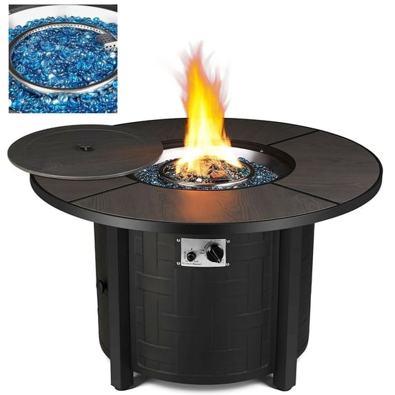 Piercart 42in Propane Fire Pit Table 50,000 BTU Auto-Ignition Fire Pit with Waterproof Cover, Lid and Blue Stone