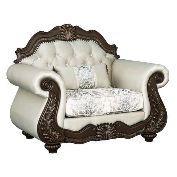 Pierce Beige Upholstered Accent Chair with Cherry Finish and Pillow for Living Room