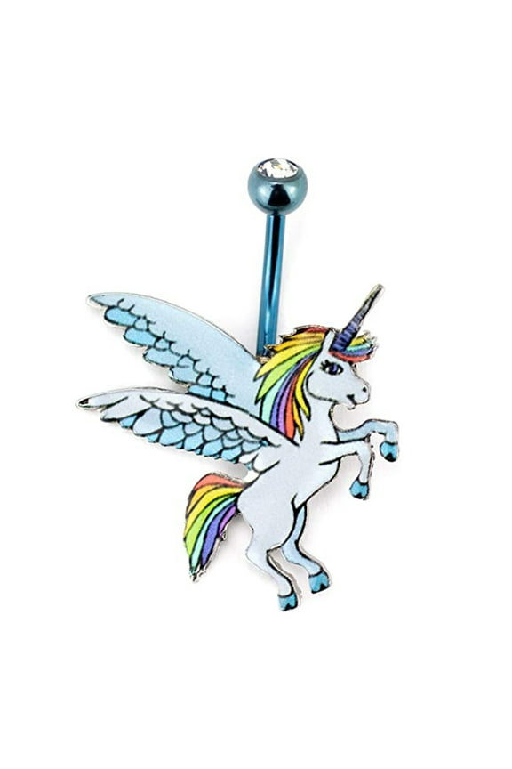 14G 316L Stainless Steel Blue Anodized Pegasus Rainbow Unicorn Belly Button Ring