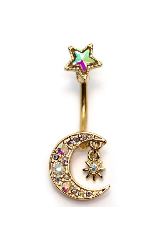 14G 7/16" Crystal Moon Pendant Belly Button Ring with Hanging Star Navel Barbell Body Piercing (Gold)