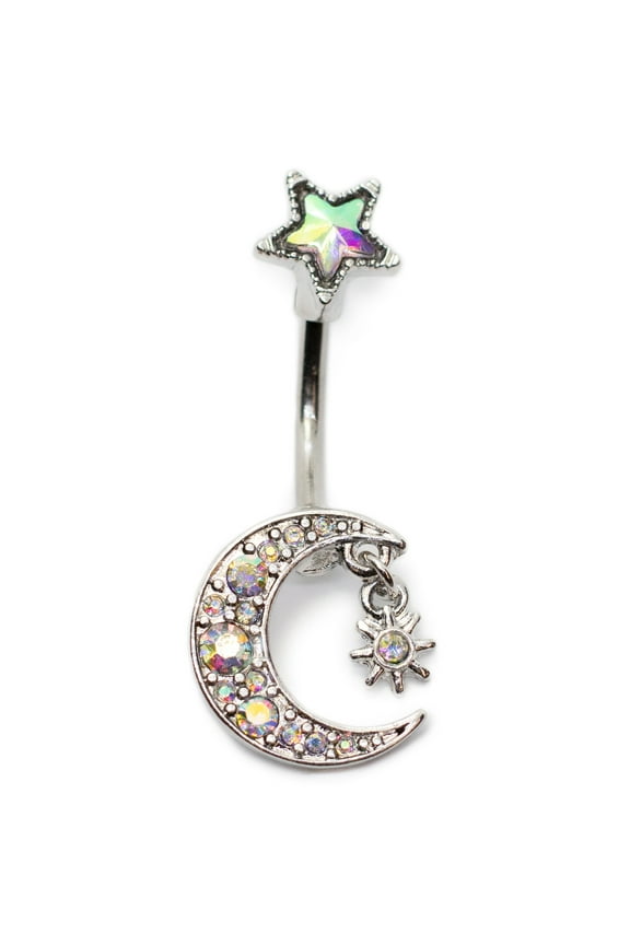 14G 7/16" Crystal Moon Pendant Belly Button Rings with Hanging Star Barbell Body Piercing Jewelry Women (Silver)