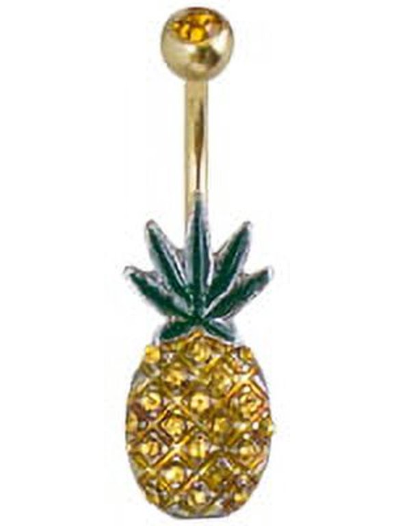 14G 7/16" Gold Pineapple & Weed Marijuana Belly Button Ring Navel Barbell Body Piercing