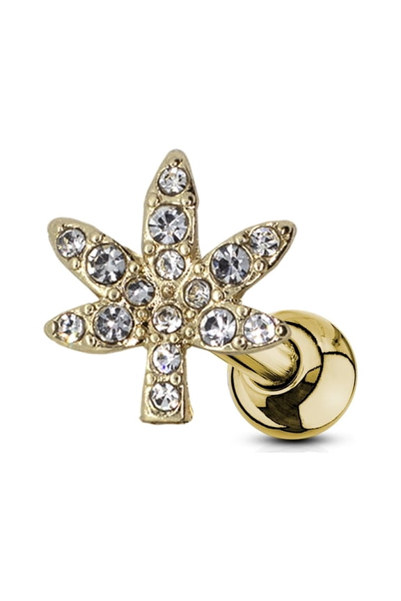 Gold Marijuana Leaf Cartilage Earring with Cz Stones