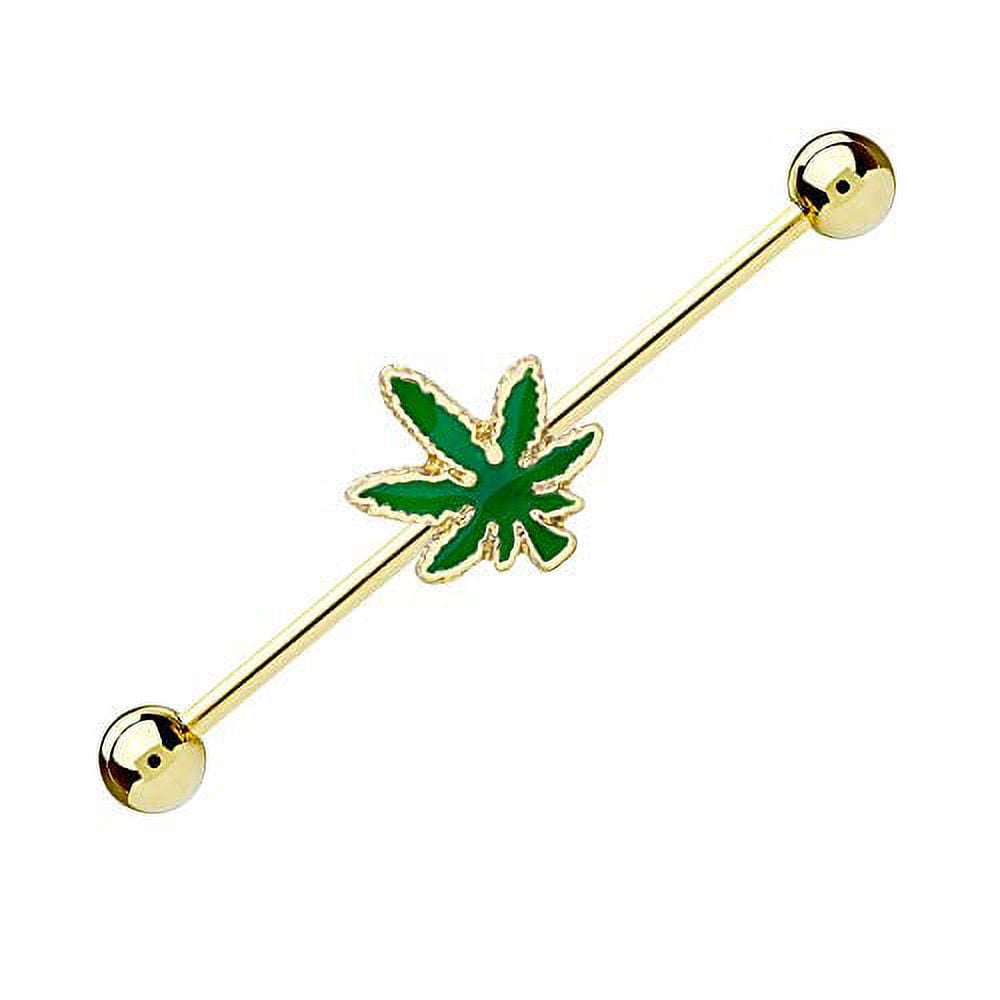 Pierce2GO Gold Stainless Steel Marijuana 14G Industrial Barbell Ear Piercing (Green)