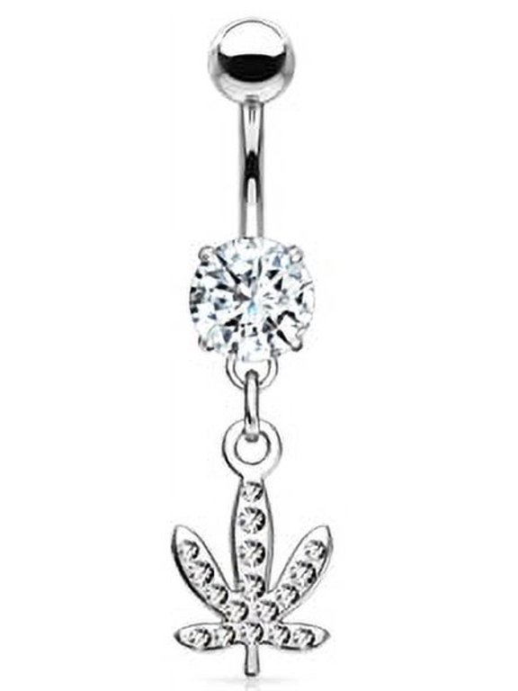 P2GO Silver 316L Surgical Steel Barbell with Dangle Marijuana Leaf Pendant with CZ Stones