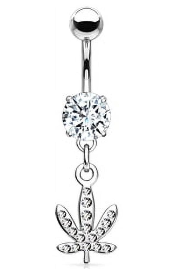P2GO Silver 316L Surgical Steel Barbell with Dangle Marijuana Leaf Pendant with CZ Stones