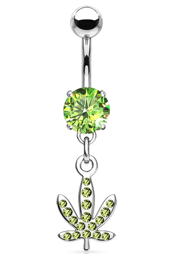 P2GO Silver 316L Surgical Steel Barbell with Dangle Marijuana Leaf Pendant with CZ Stones