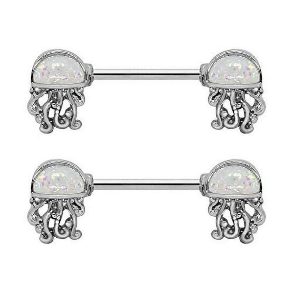 Pierce2GO Silver Opal Jellyfish Nipple Rings, 316L Steel - 14 Gauge - 9/16" Barbell (2 Pack) Body Jewelry Women