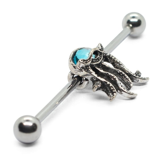 Pierce2GO Silver Plating Jelly Fish Pendant Industrial Barbell Accented with Blue Glass Stone