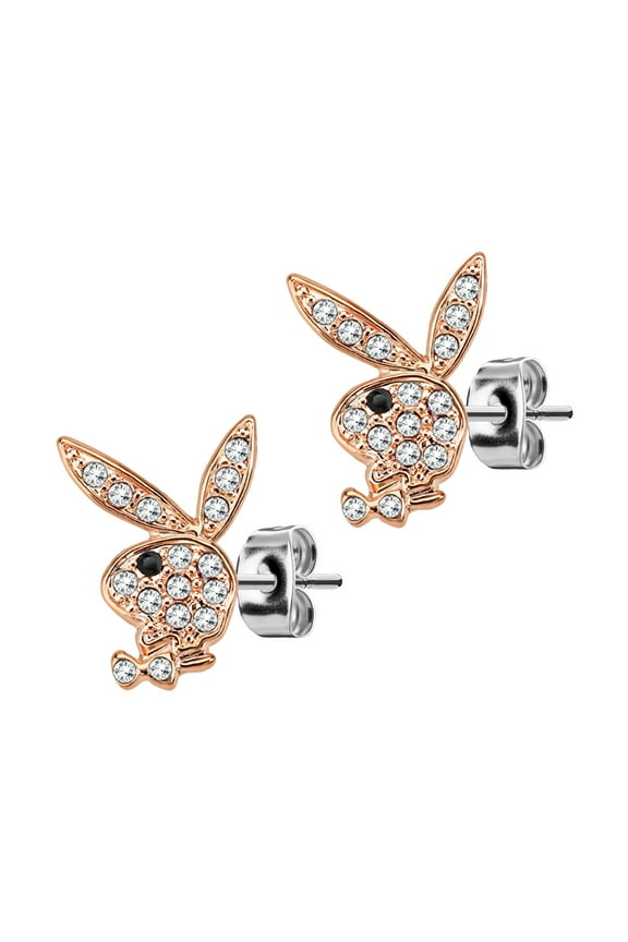 Playboy 316L 20G Surgical Steel Rose Gold Cz Stone With Black Eye Bunny Earring Studs