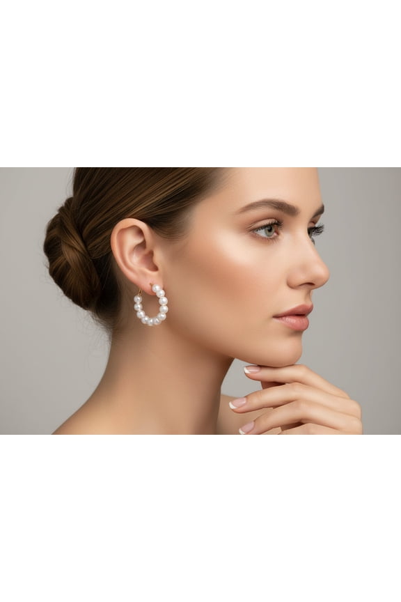 Pierced 1 1/2" gold and white pearl hoop earrings