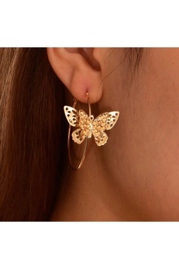 Pierced 1 1/2" gold layered center butterfly hoop earrings