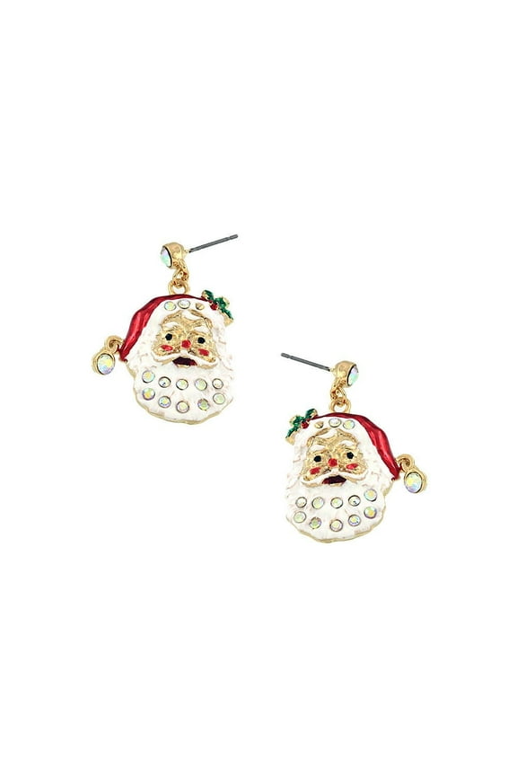 Pierced 1 1/2" gold, red and white multi colored Santa earrings with fluorescent stones